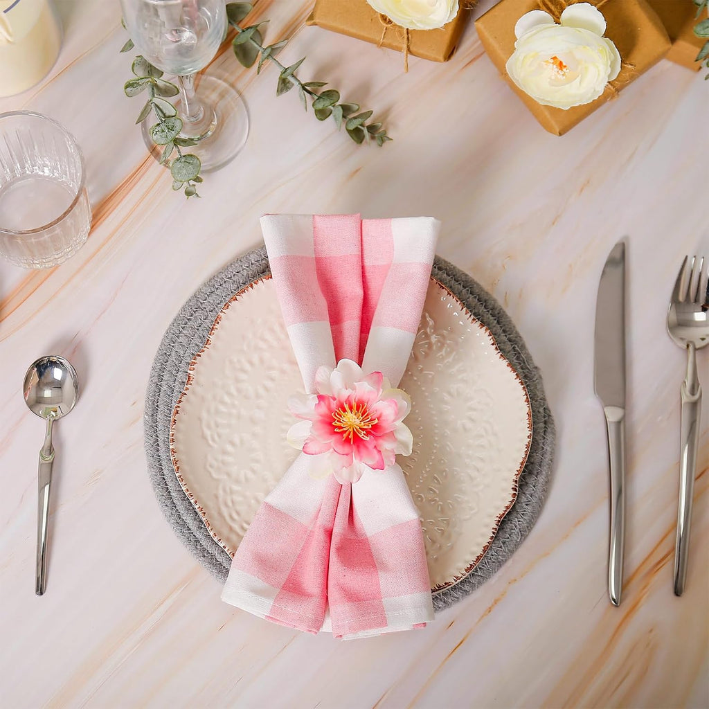 Pink Dahlia Flower Napkin Rings, Handmade Floral Napkin Rings with Jute Buckles Dinner Napkin Holder - Set of 8