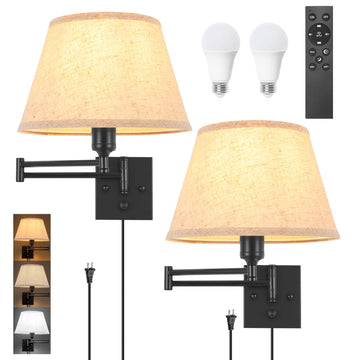 Wall Sconce Plug in, Remote Control Dimming 10-100% and Adjustable Color Temperature 2700K-6500K Swing Arm Wall