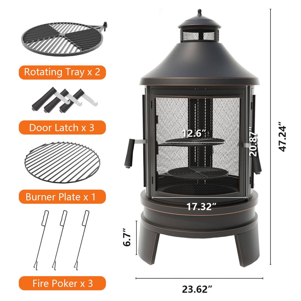 2 in 1 Metal Chimenea with Grill, Outdoor Fire Pit with Adjustable Grill Tray 3-Door Design Spark Screen Door