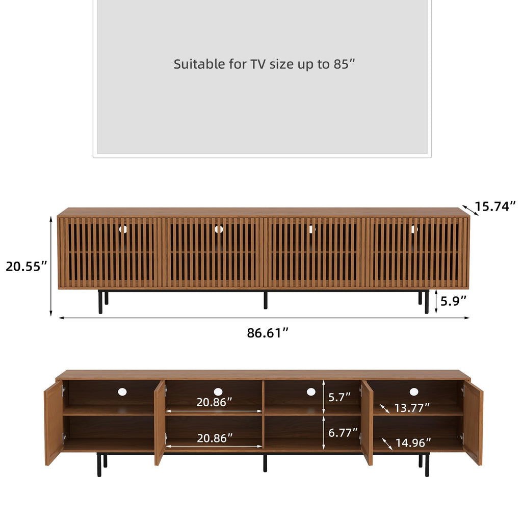 86.61" TV Stand with Slatted Doors, Media Console for 75+ TVs