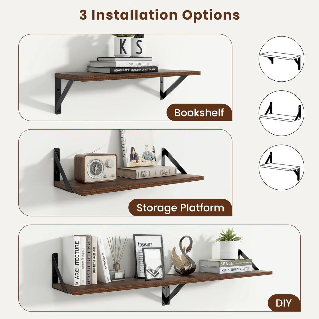 20 Inch Floating Shelves, 8 Inch Deep Walnut Wall Shelves Set of 2