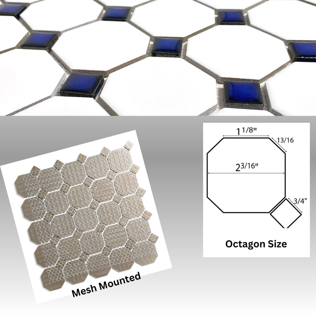 White Octagon Matte Porcelain Mosaic Tile with Blue Dots - 20 Sheets per Case for Floor, Wall, Backsplash, Bathroom