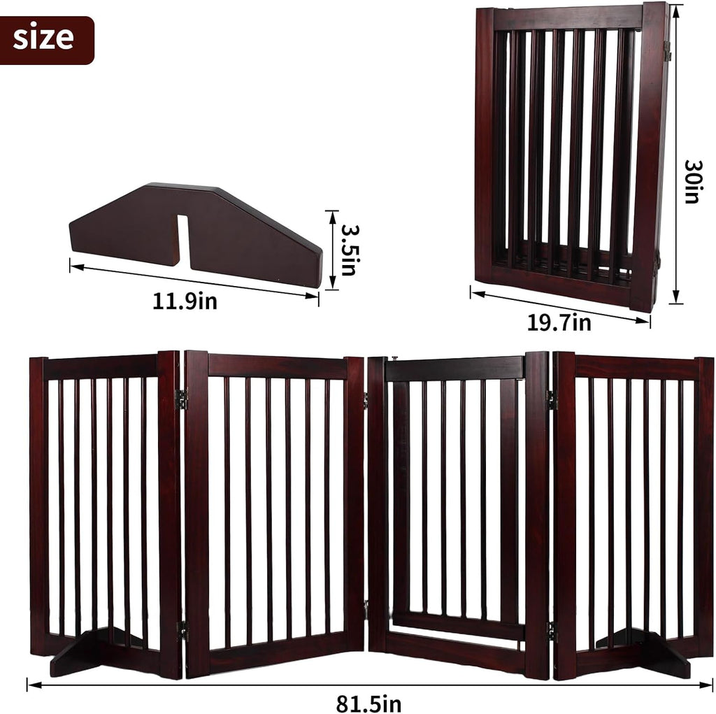 Wooden Freestanding Pet Gate, Pet Gate for Dogs, 29.5inch 4-Panel Wooden Dog Fence with 2 Support, Feet Folding Dog