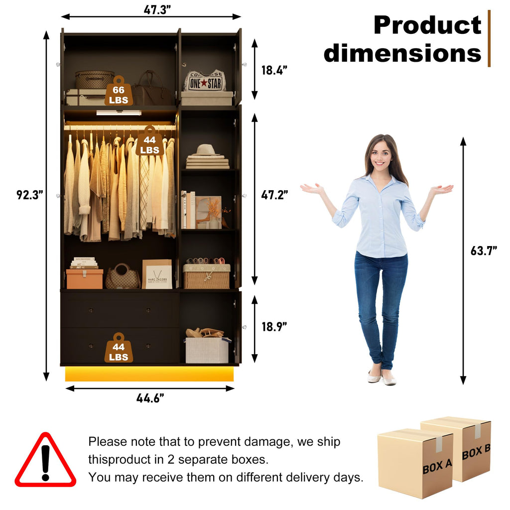 92.2" Tall Armoire Wardrobe Closet with Mirror & Motion Sensor Light, Large Storage Cabinet with 2 Drawers, Hanging