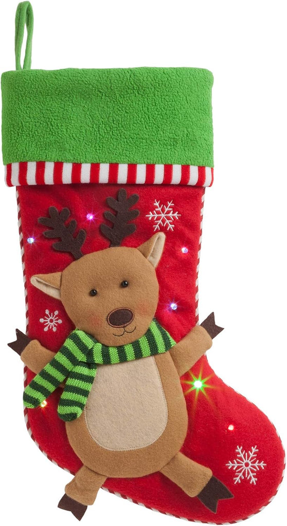 Reindeer with LED Lights and Name Embroidery | 3-D Character Stocking with Colorful Twinkling Lights | Green Cuff