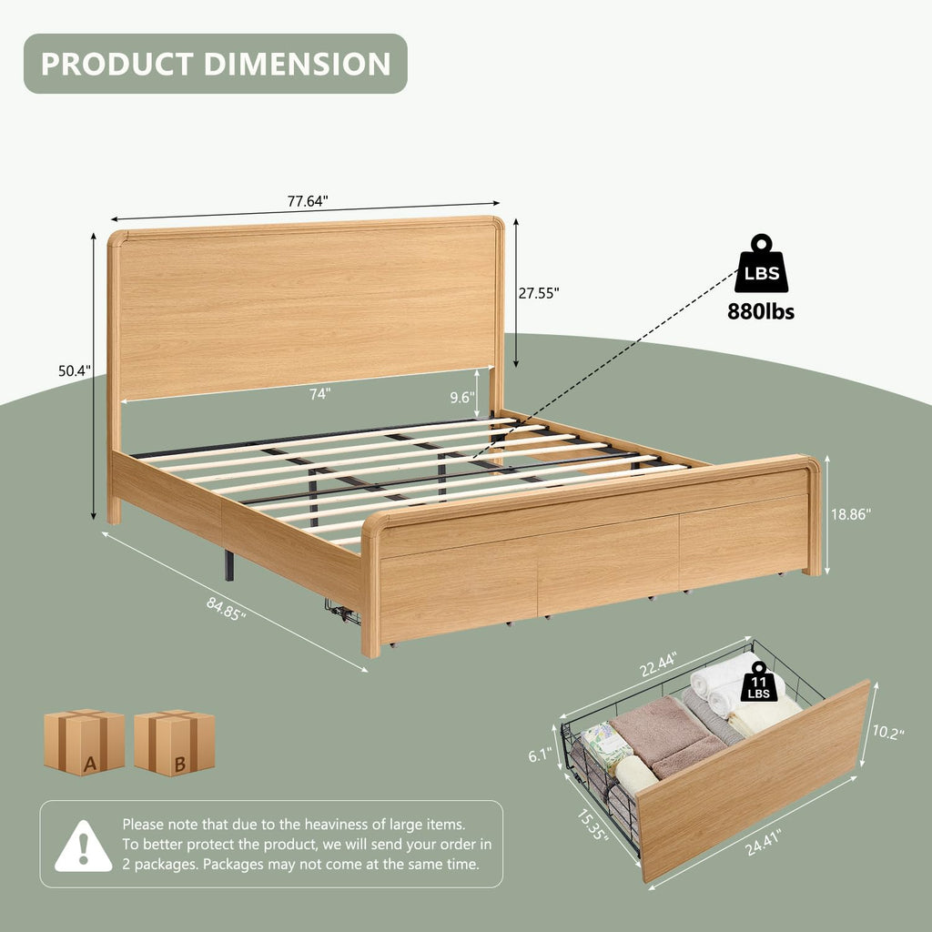Modern King Size Bed Frame with 50" Tall Headboard, Natural Oak