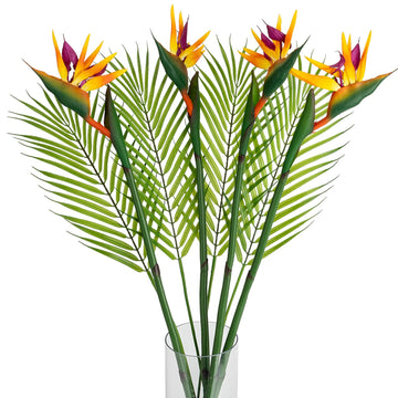 8 PCS Bird of Paradise Artificial Plant Combo Palm Leaves, 4 Faux Bird of Paradise Plant with 4 Artificial Palm Leaves
