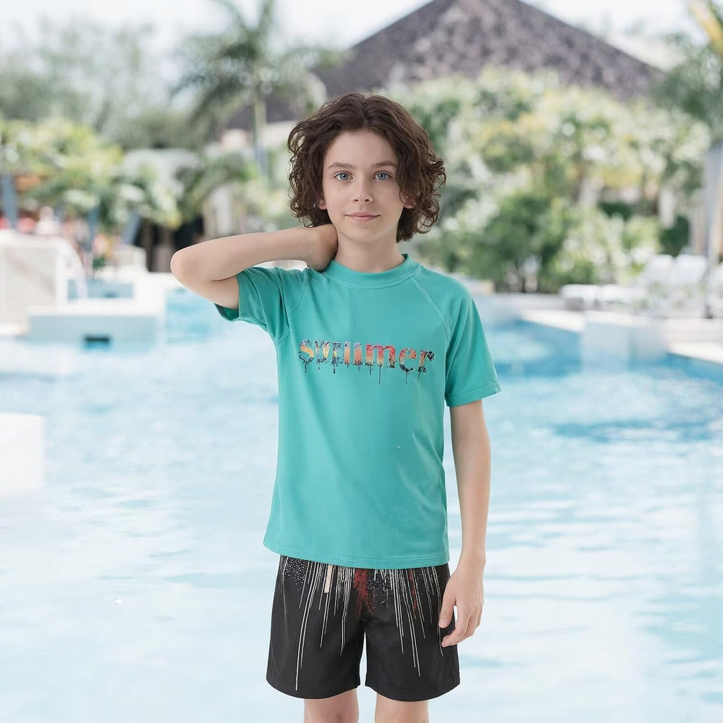 Boys Rash Guard Swimsuits Set for Boys Short Sleeve Swim Shirts with Trunks 2 Piece Quick Dry Swim Set