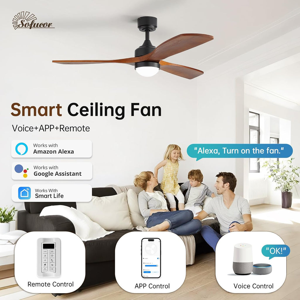 52" Smart Ceiling Fan with Lights and Remote Solid Wood - Blackbrown