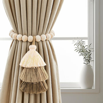 No Drill Curtain Tiebacks with Strong Magnetic Closure, Natural Wood Beads Boho Holdbacks with Triple Tassels
