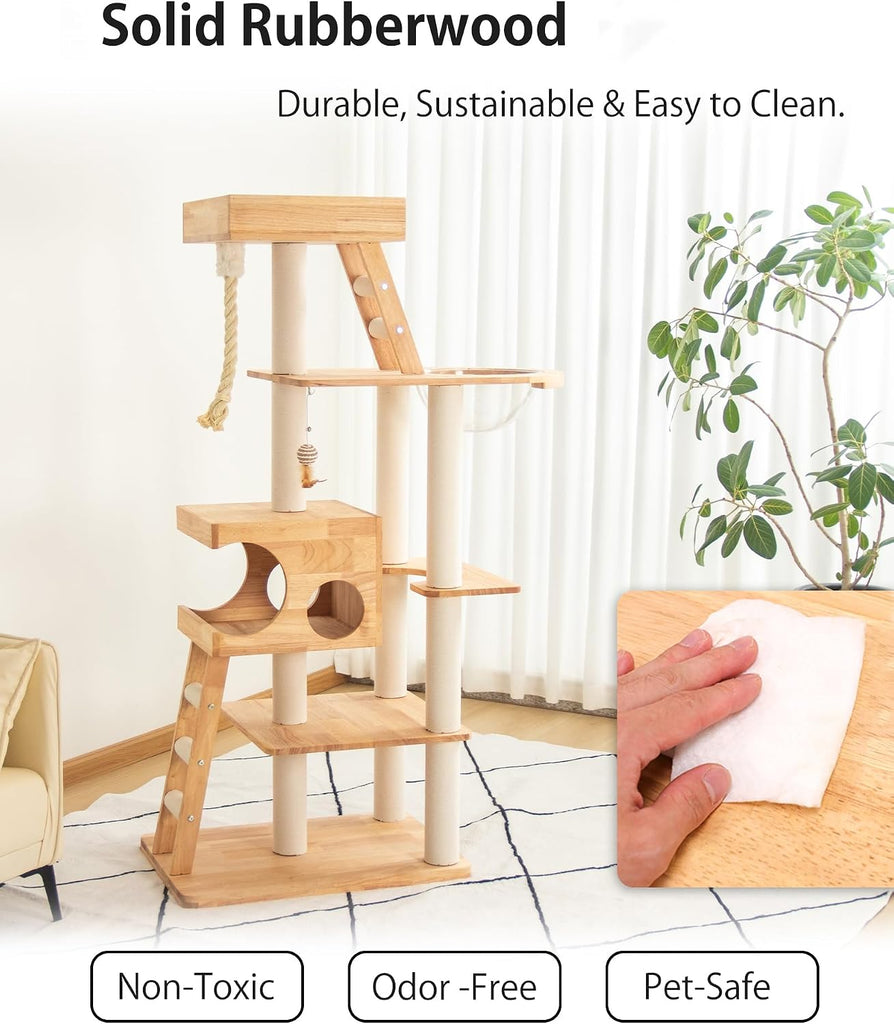 61.8" Wood Cat Tree Tower for Large Cats, Acrylic Bowl & Ladder