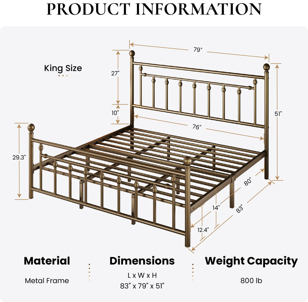 51" King Size Metal Bed Frame, Vintage Headboard, Antique Bronze