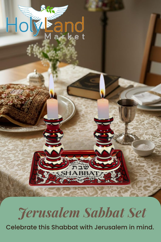 Shabbat Candlesticks Set Ceramic Red Candle Holders