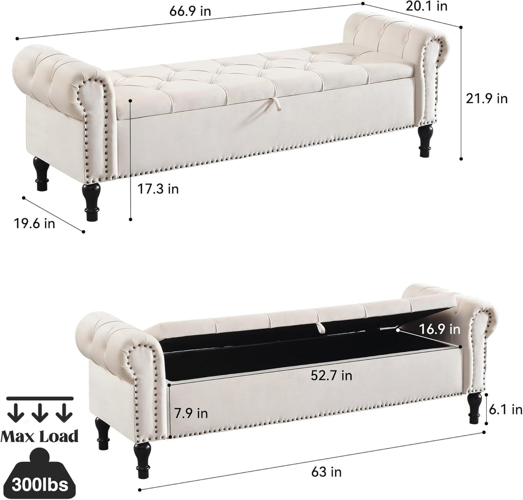 Storage Bed Bench , Velvet 67" End of Bed Benches, King Size Bench with Armrest, Tufted Button Upholstered Ottoman