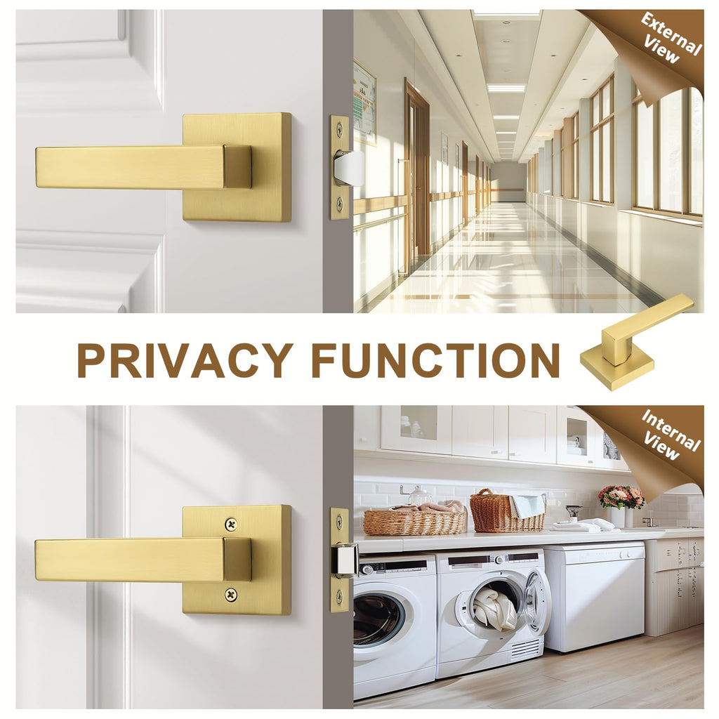 2 Pack Heavy Duty Gold Passage Door Handle,Square Satin Brass Door Lever and Closet, Keyless Reversible No-Locking