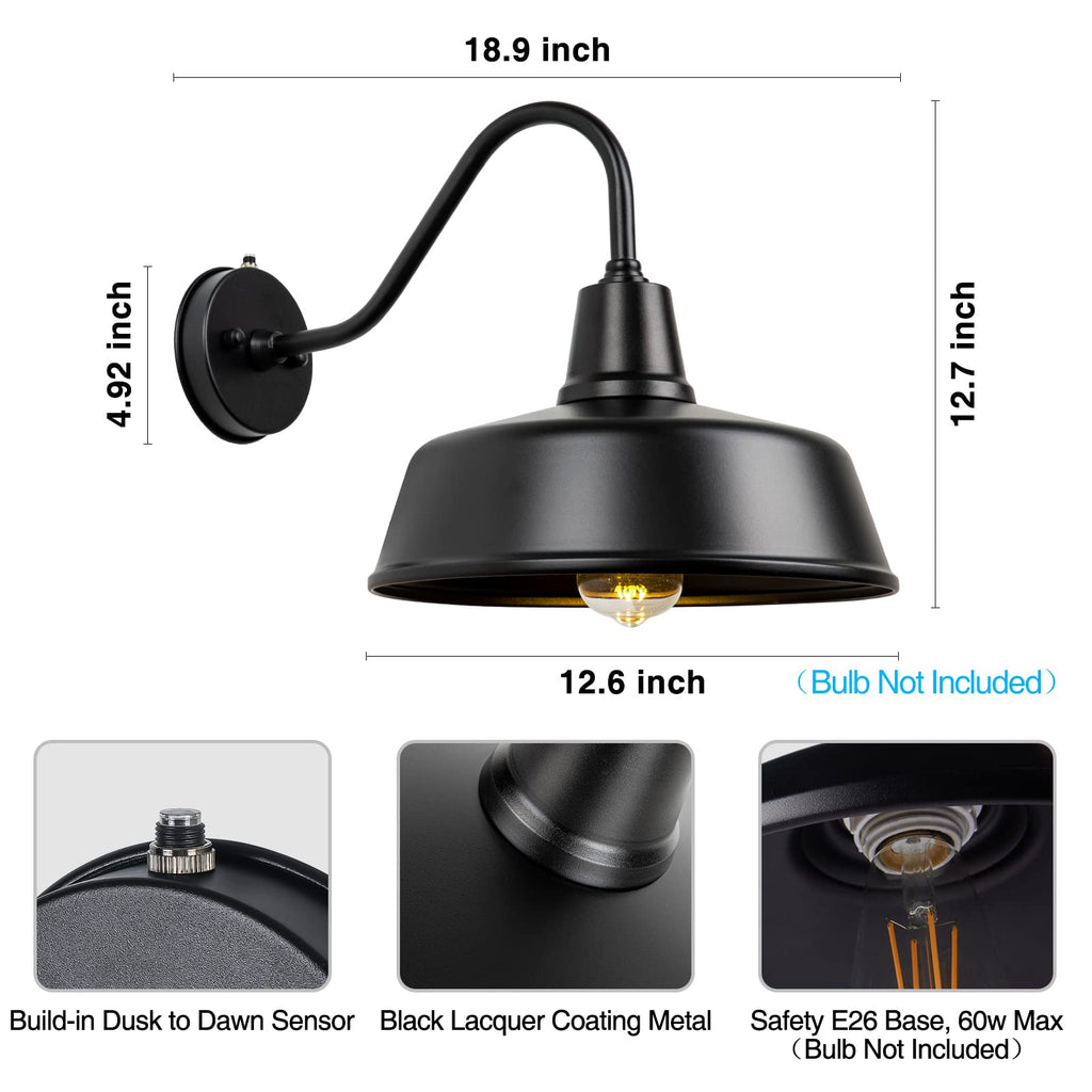 12.6" Gooseneck Barn Light, Dusk to Dawn Black Outdoor Wall Sconce