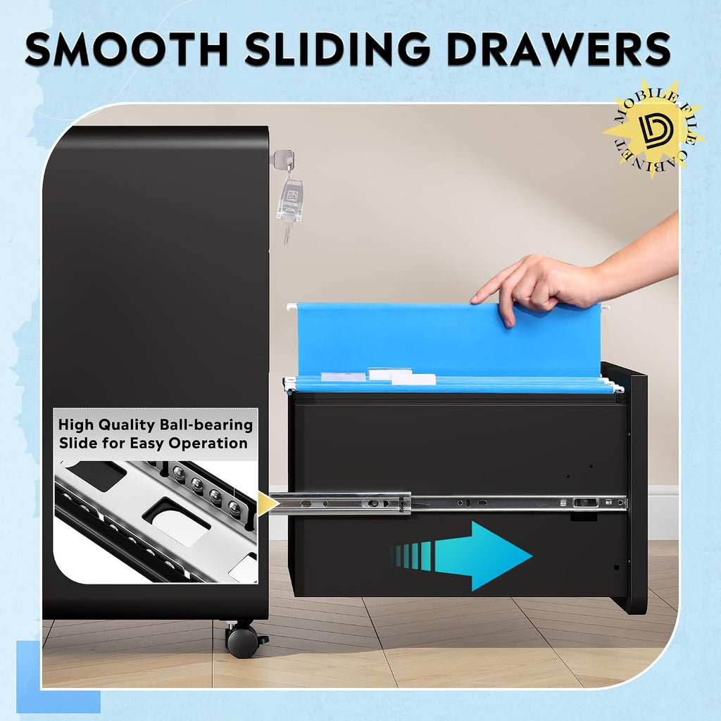 3 Drawer File Cabinet with Lock, Fully Assembled Except Casters | Thickened Metal Mobile Filing Cabinet, Under Desk