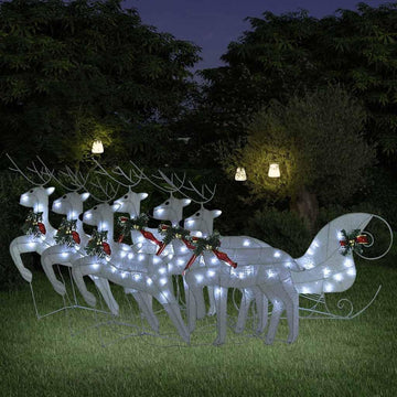 Lighted Reindeer & Sleigh Christmas Decoration with 140 LEDs for Outdoor Holiday Lawn Decoration, White - 522