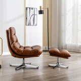 Modern Swivel Lounge Chair and Ottoman — Brown Faux Leather