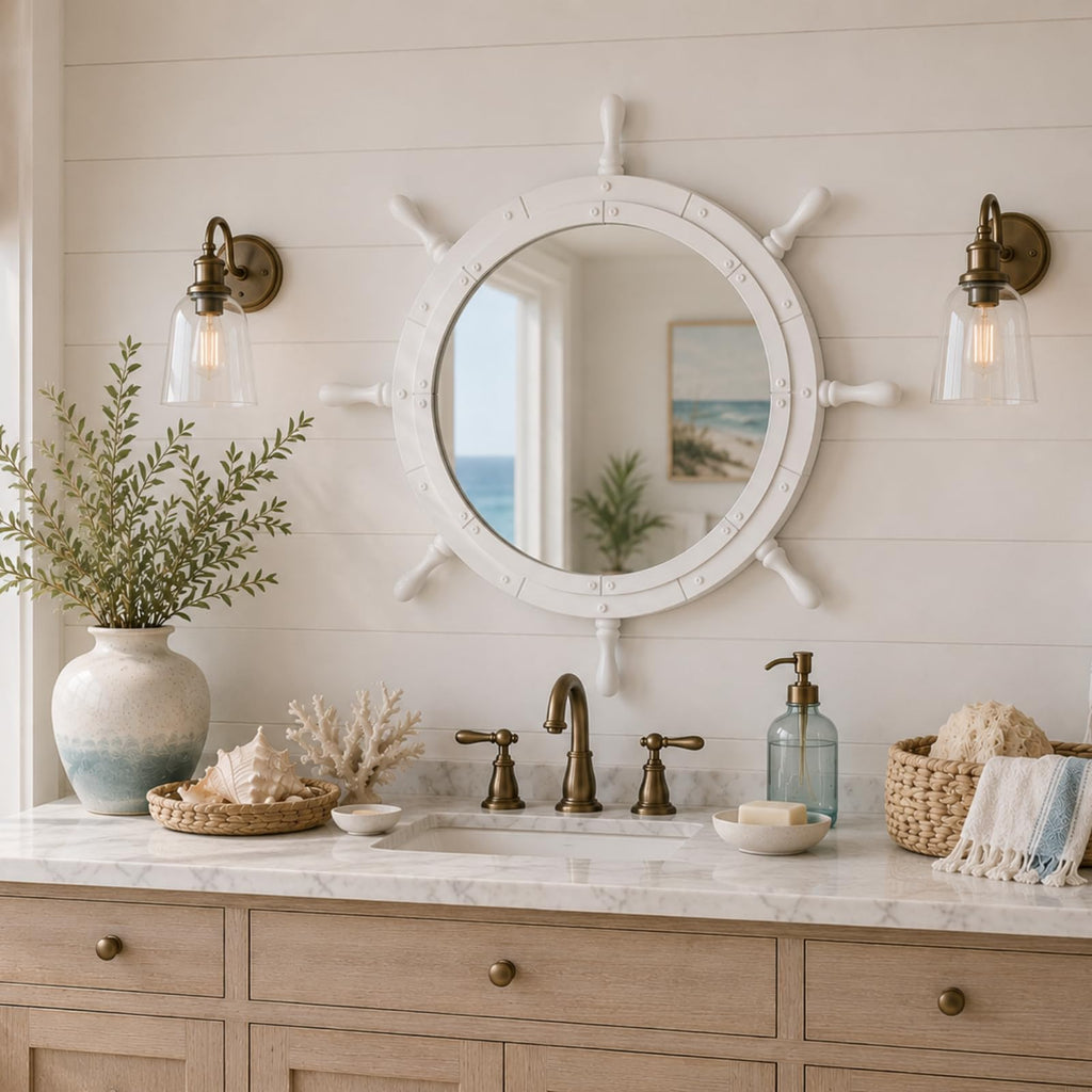Nautical Ship Wheel Mirror Wall Mounted, White Handle, 30 Inch