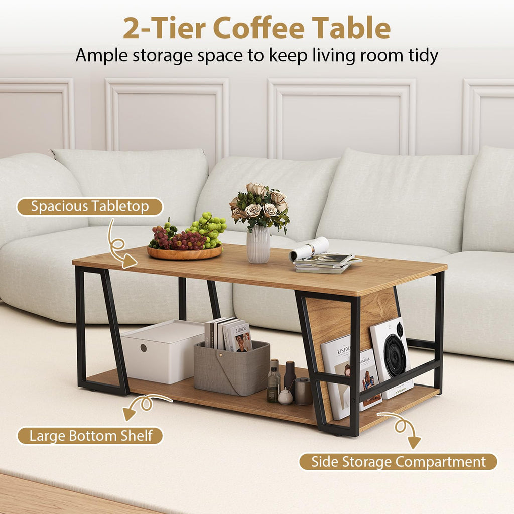 Modern Coffee Table with Storage, 2-Tier Wood Center Table, Oak
