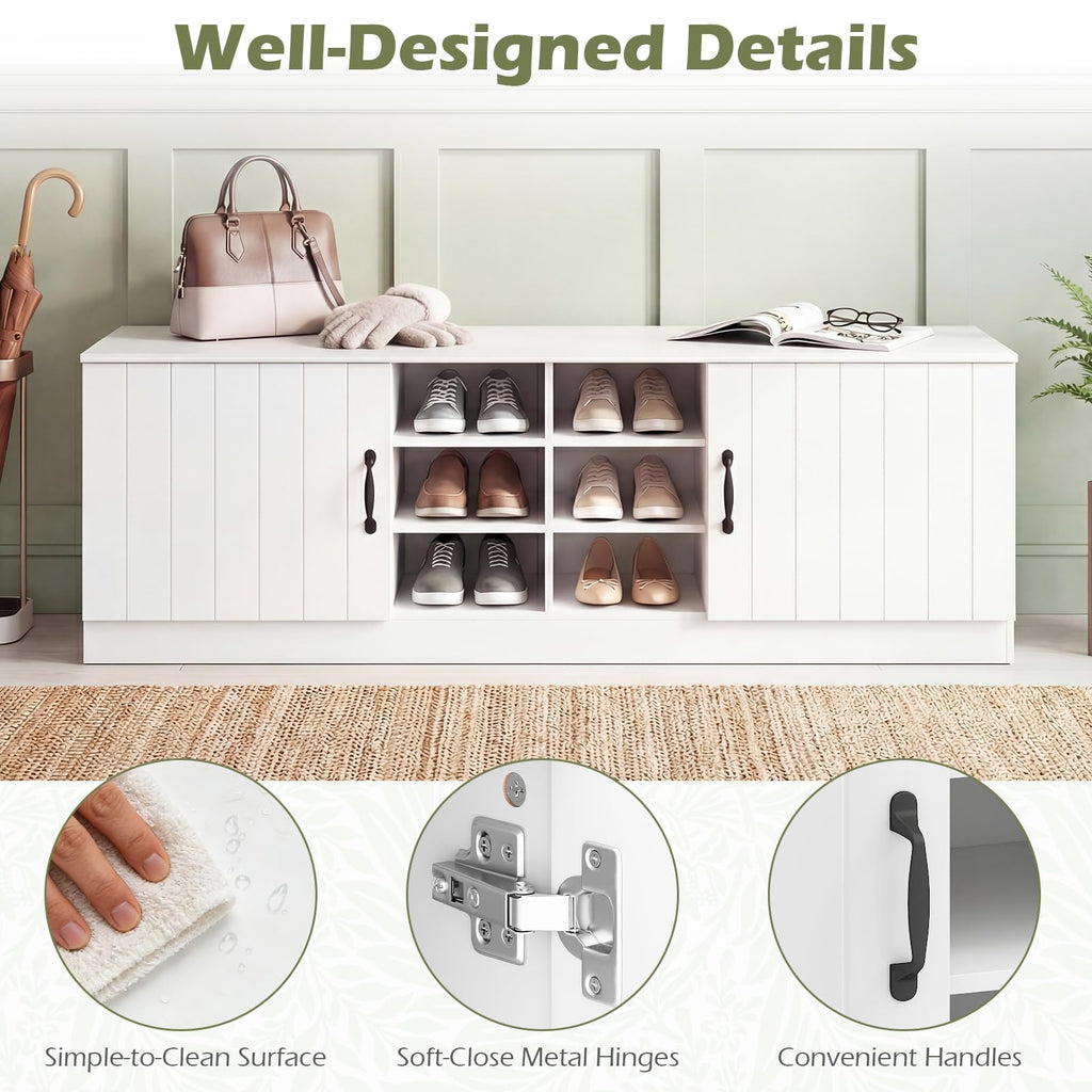 2-Door Shoe Storage Bench, Wooden Entryway Bench with Storage, Adjustable Shelves & 6 Compartments, Modern Shoe