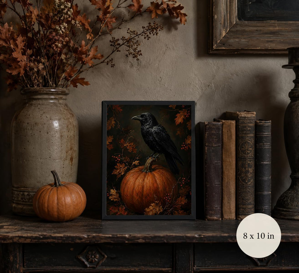 Framed Gothic Raven on Pumpkin Canvas Wall Art,Vintage Autumn Crow Painting,Dark Academia Print,Spooky Fall Wall