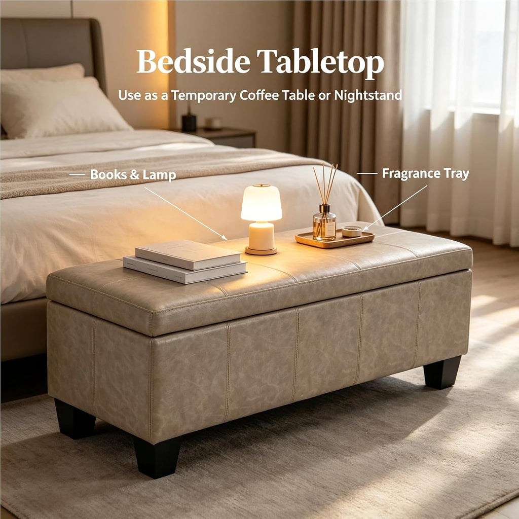 41.5 Inch Light Gray Faux Leather Storage Ottoman Bench for Small Spaces | 2.8 cu ft storage capacity,660 lbs weight