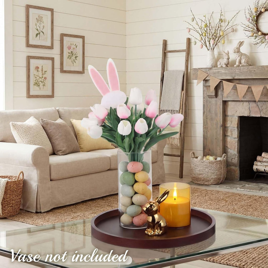 Spring Easter Centerpiece Table Decorations Pastel Eggs Artificial Tulips Bunny Statue Wooden Round Tray LED Candle - Set of 50