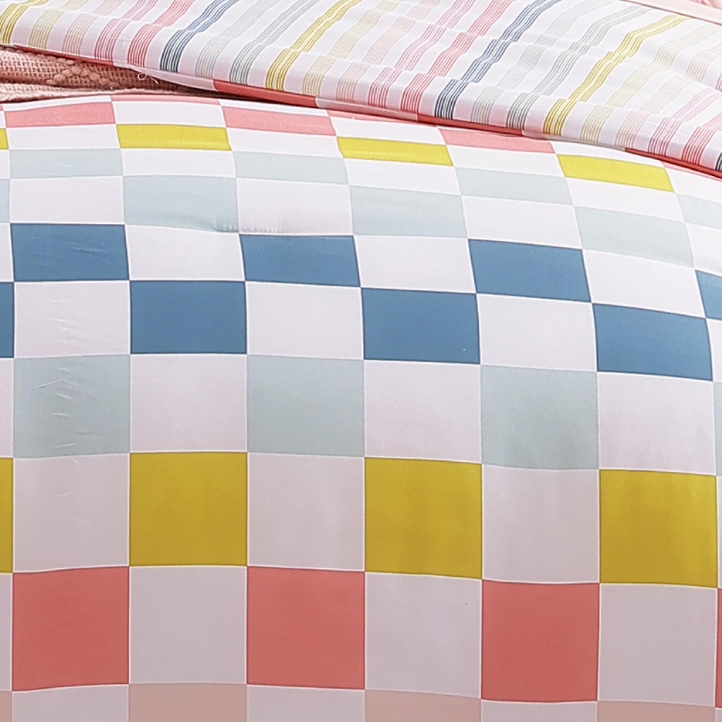 Full Comforter Set for Girls-7 Pieces Colorful Checkered Full Bedding Sets for Kids, Soft Bed in A Bag with Striped