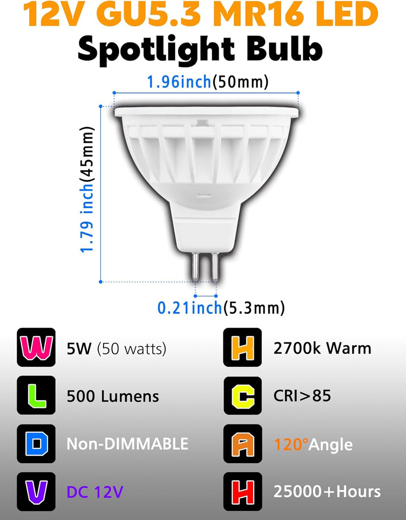MR16 LED Bulbs 12V, GU5.3 LED Bulb 120 Degree Flood Beam Angle, 2700K Warm