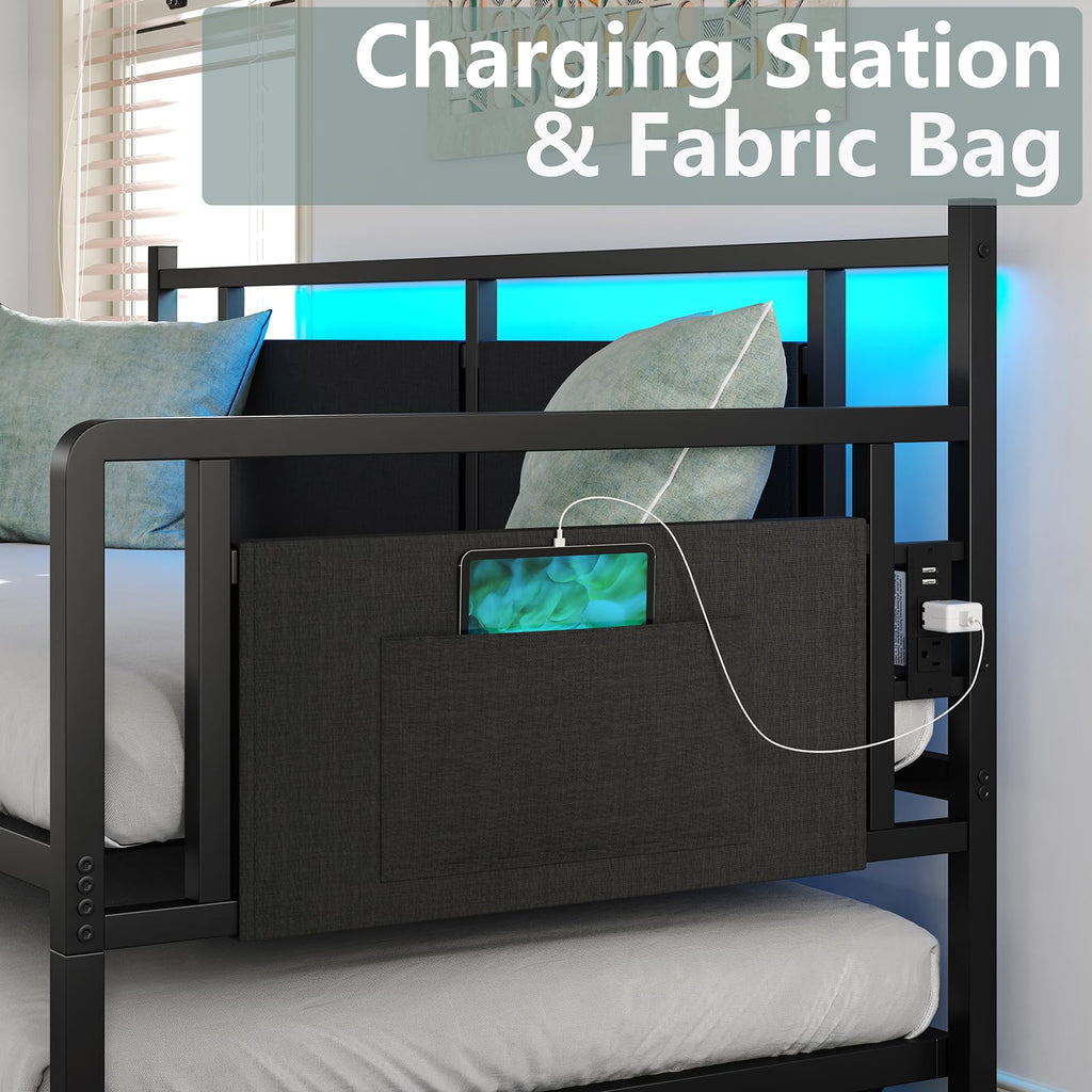 Daybed with Charging Station and LED Lights, Twin Daybed with Trundle, Metal Bed Frame with Steel Slat Support