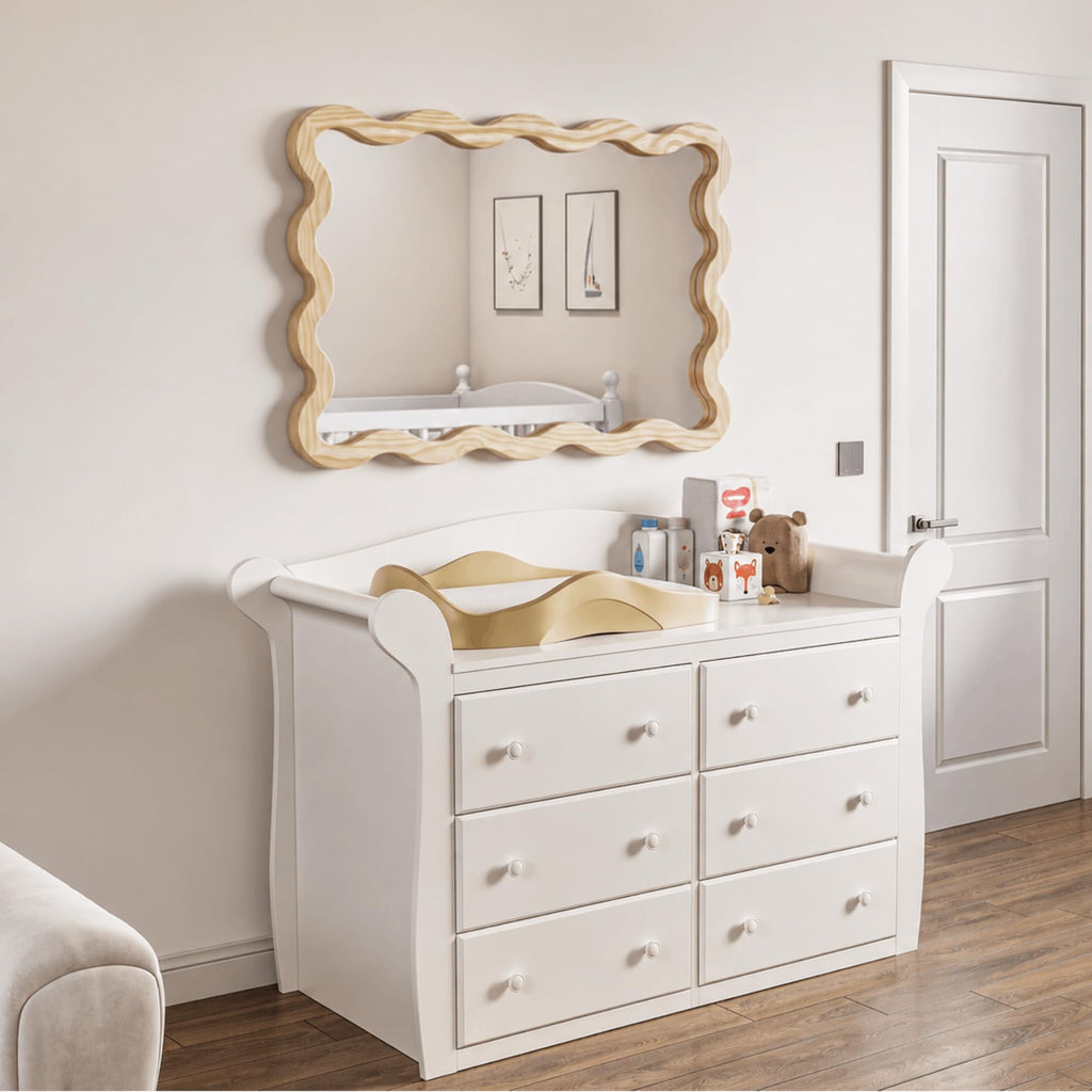 24x36 Natural Wavy Bathroom Wall Mirror, Solid Wood Scalloped Frame