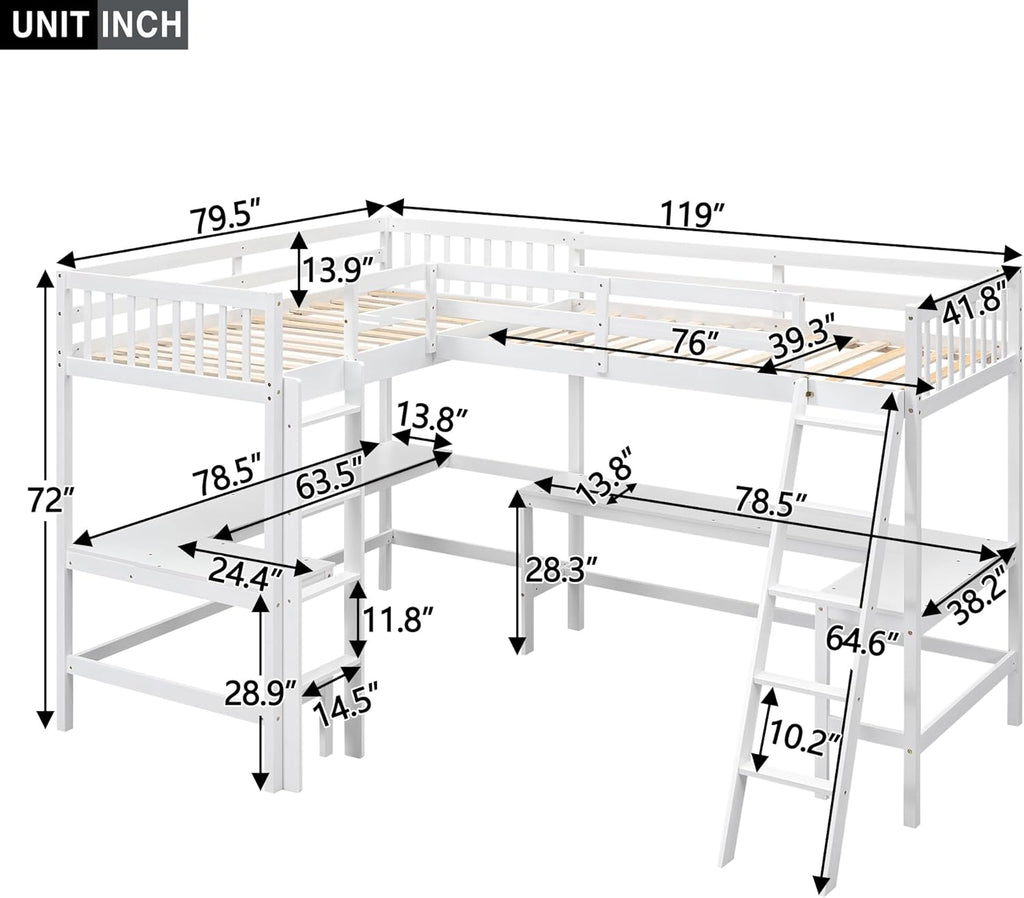 Corner Double Loft Bed with L-Shaped Desks, Twin Loft Bed with Desks & Slant Ladder for Kids Teens Adults