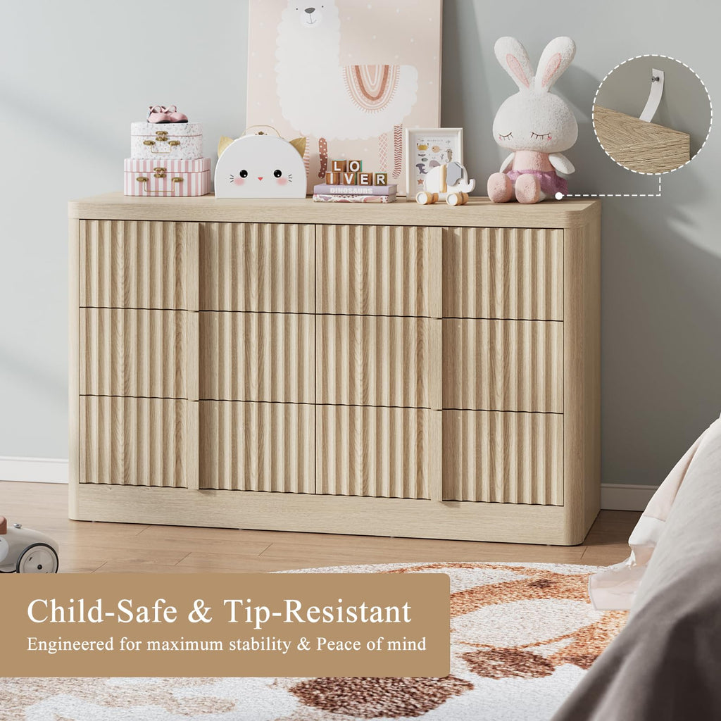 47" Wide Fluted 6 Drawer Dresser, Natural Oak