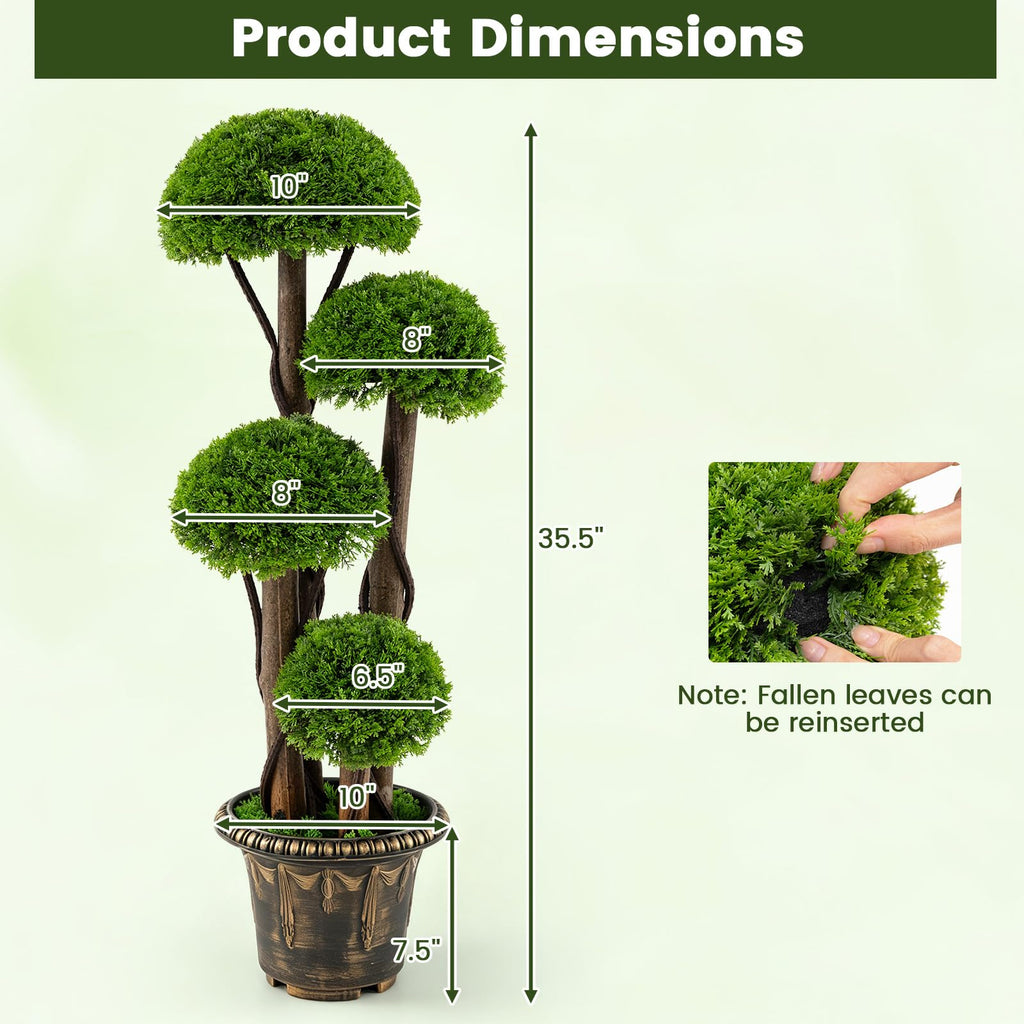 3FT Artificial Cypress Topiary Ball Tree, Indoor Outdoor Fake Boxwood Tree with Rattan Trunk, Cement Filled Pot
