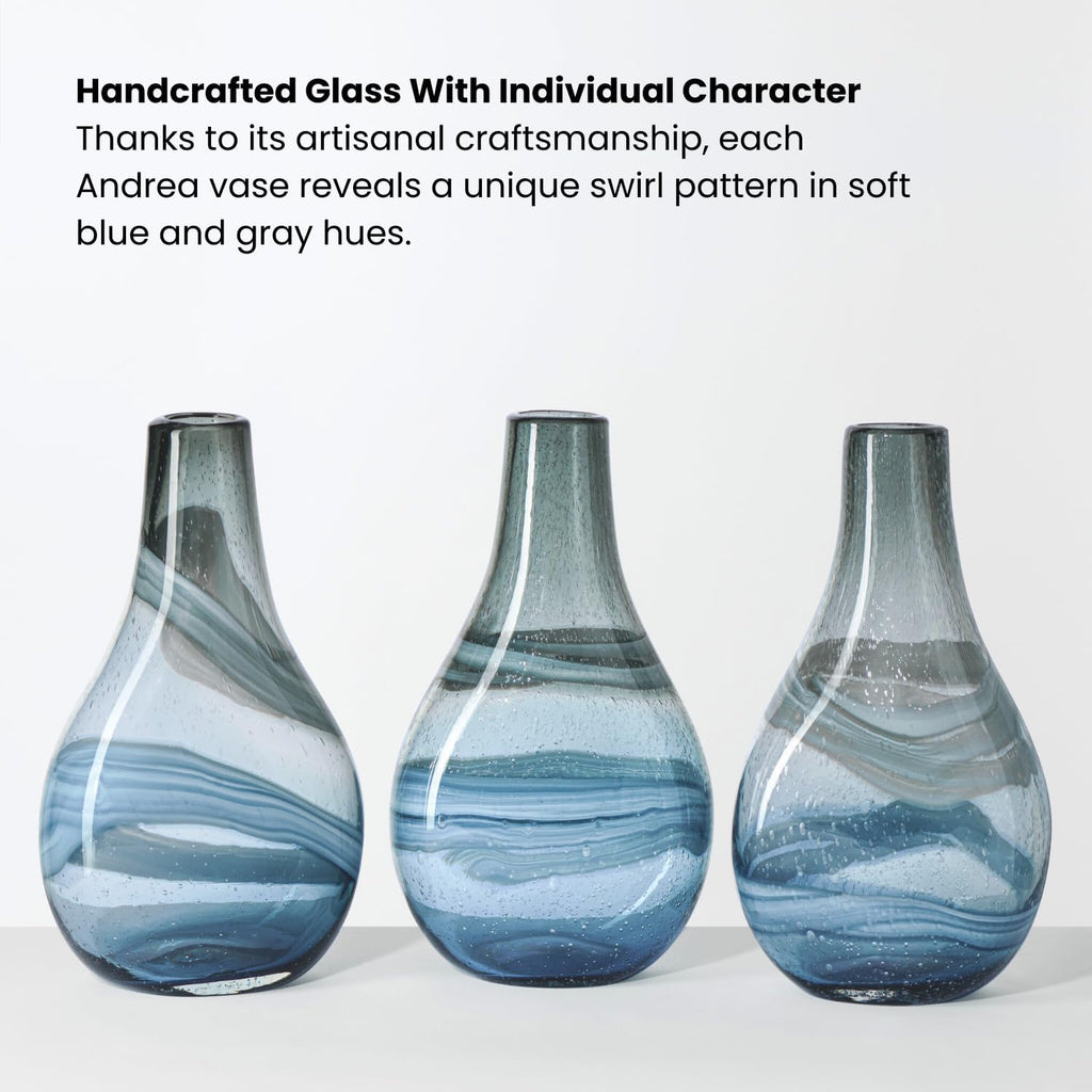 Andrea 11" Hand Blown Blue Glass Vase, Unique Coastal Swirls | Layered Blue & Gray Swirls, Narrow Opening, Watertight