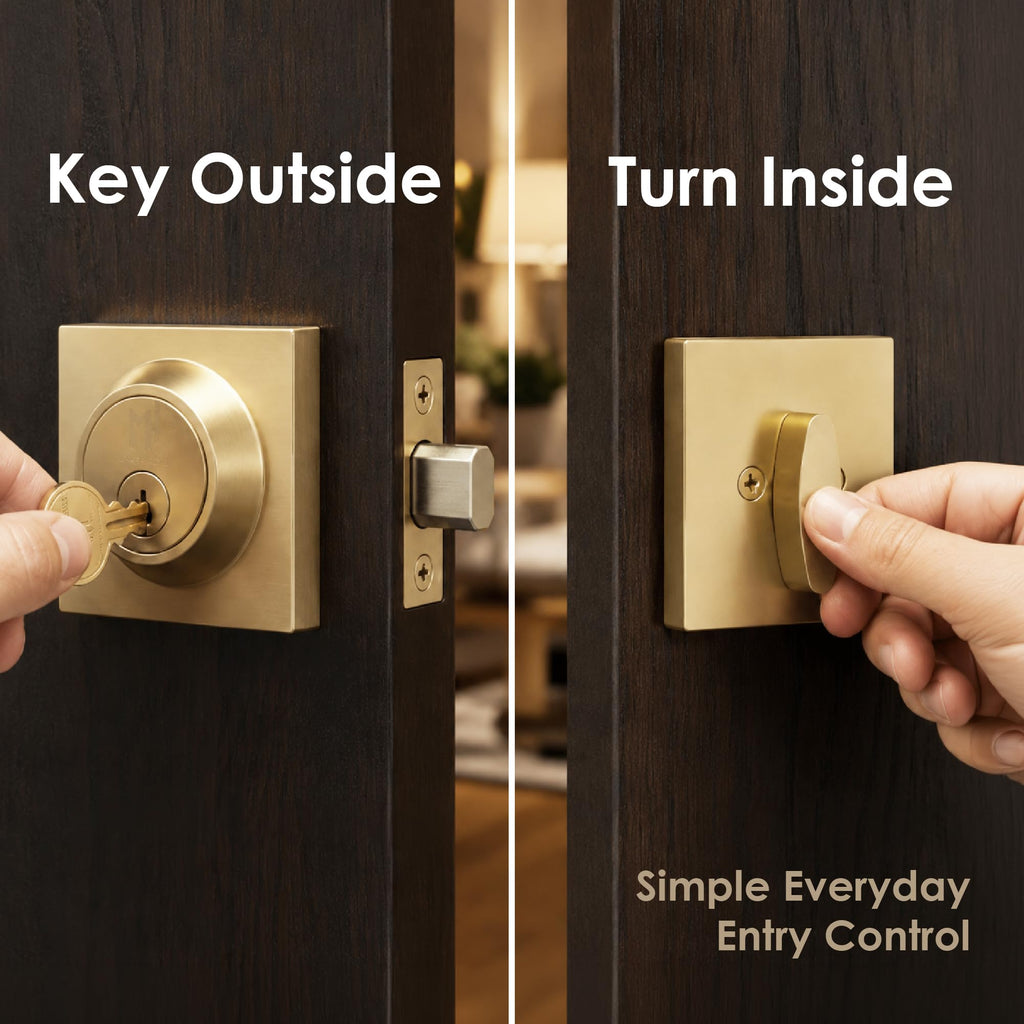 Entry Deadbolt Lock - Heavy Duty Round Locking for Left or Right-Handed Doors - Interior/Exterior - Satin