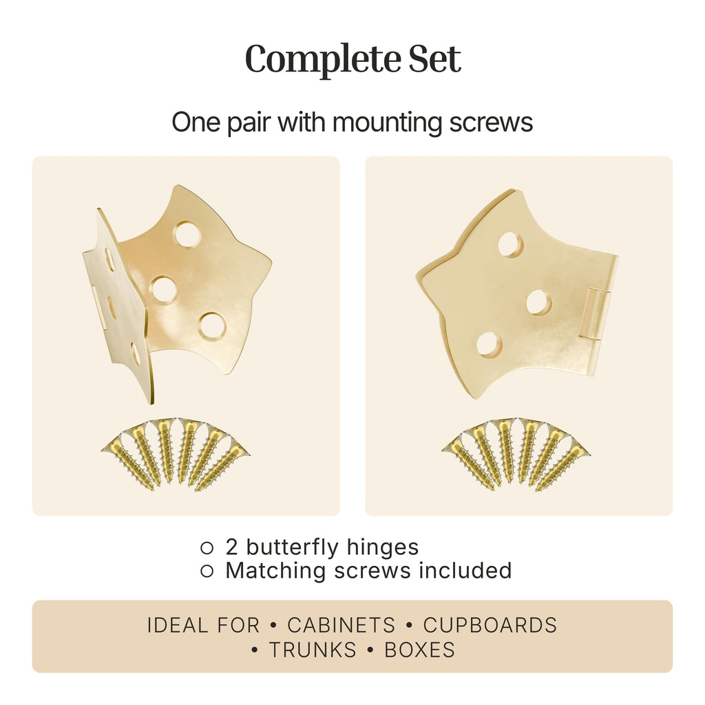 Brass Butterfly Hinges - 3-1/8" x 1-7/8" - Pack of 2 - Decorative Hinges for Cabinet Doors, Trunks and Boxes