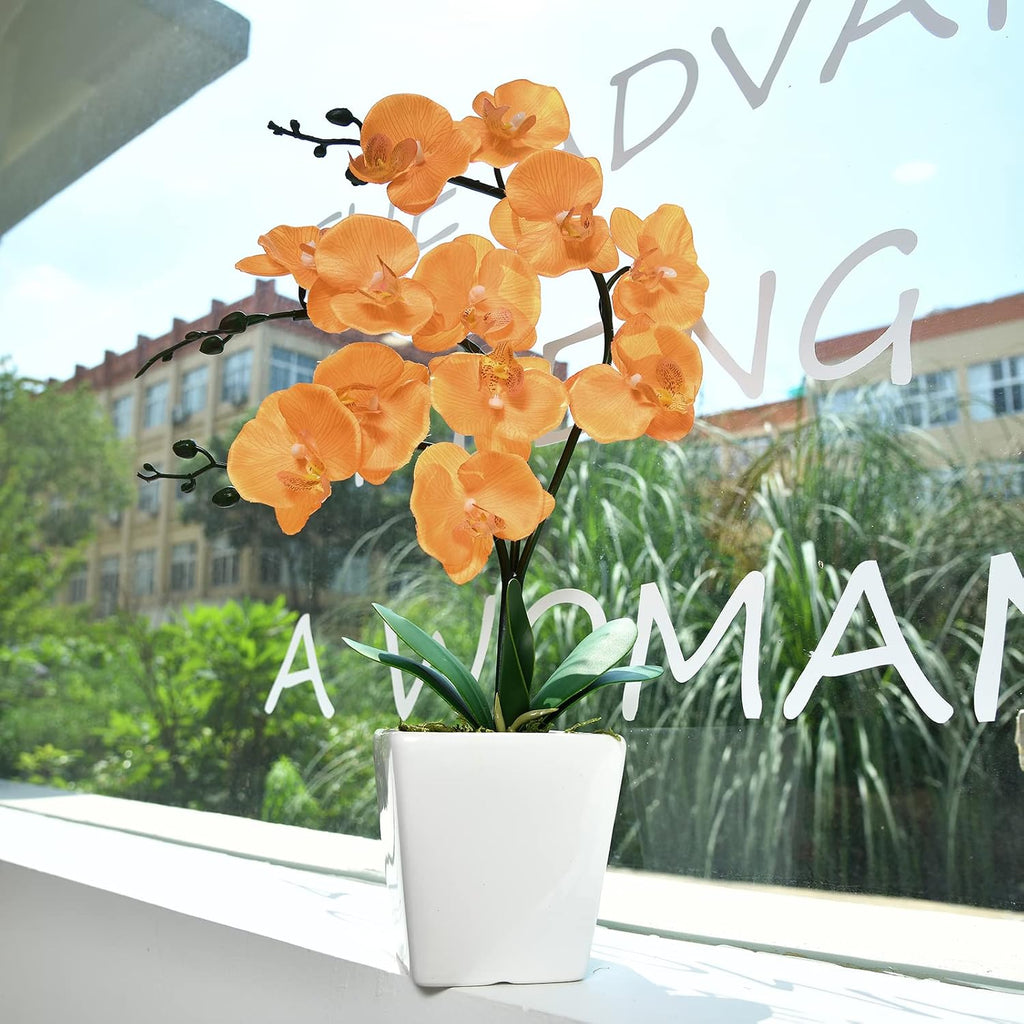 15" Silk Phalaenopsis Orchid in Square Pot, Orange Flower Plant Arrangement
