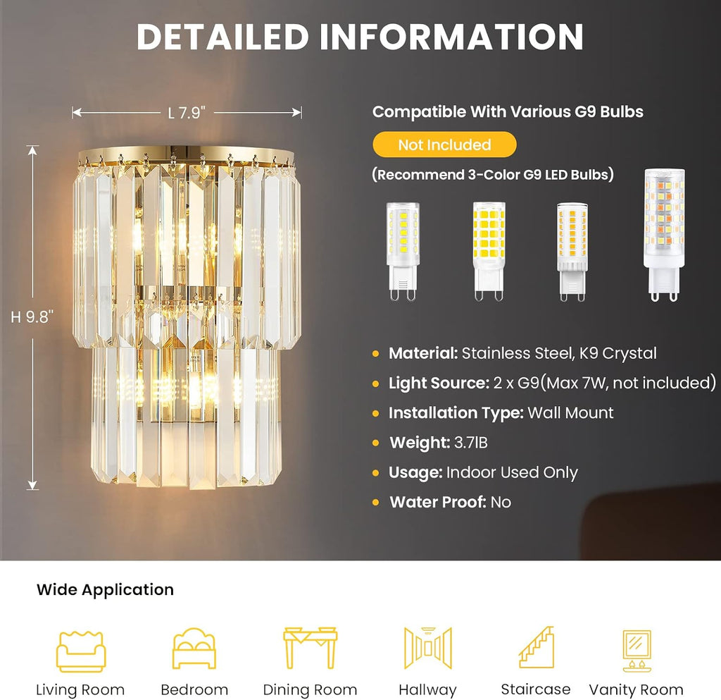 2-Lights Modern Crystal Wall Light, 2-Tiers Crystal Bedside Wall Mount Lighting Fixture, Mirror Gold Stainless Steel