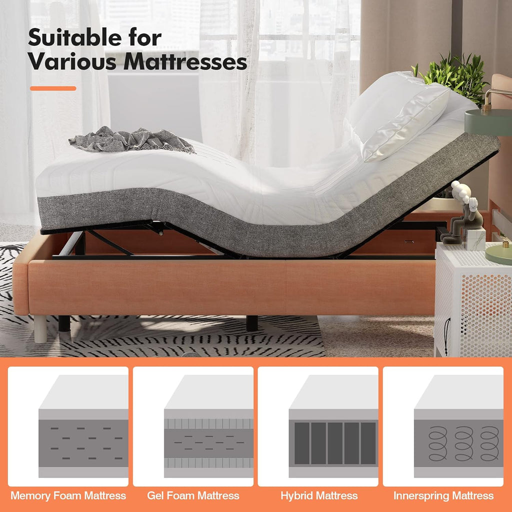 Adjustable Bed Base with Remote, Electric Reclining Bed with Head & Foot Incline, LED Under-Bed Lighting and Dual USB