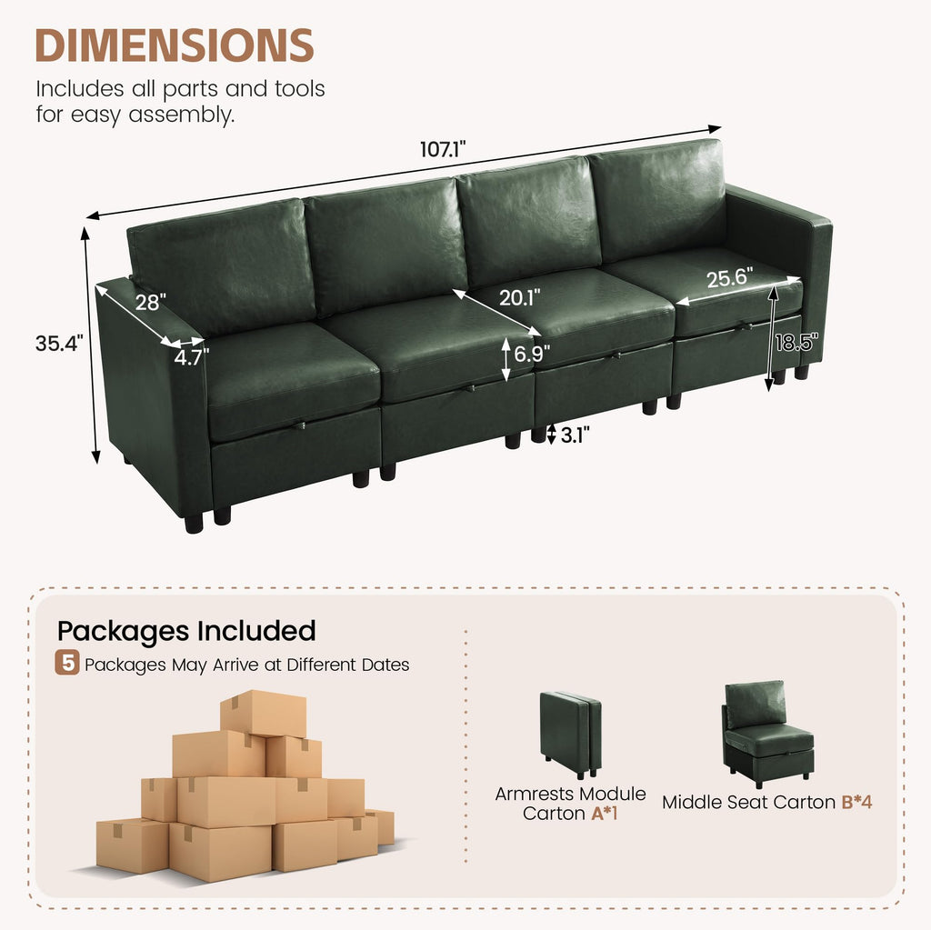 Modular Sectional Couch, 107" Faux Leather Storage 4 Seat Sofa, Green