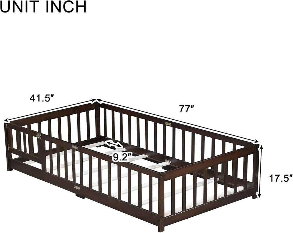 Twin Floor Bed with Fence & Slats, Rubber Wood Montessori Floor Bed Frame with Full-Length Guardrails & Removable
