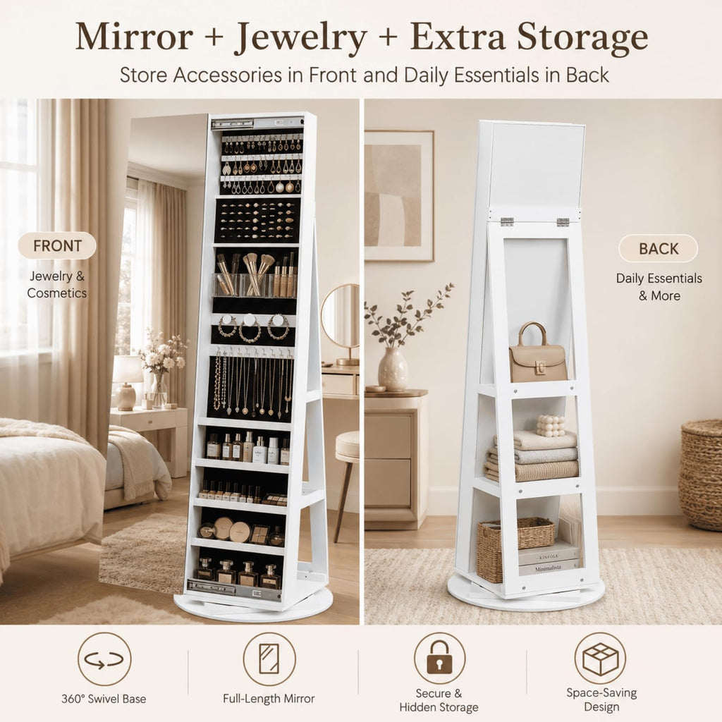 360° Swivel Jewelry Armoire with Full-Length Mirror and Sliding Door, Standing Jewelry Cabinet with 3 Rear Shelves