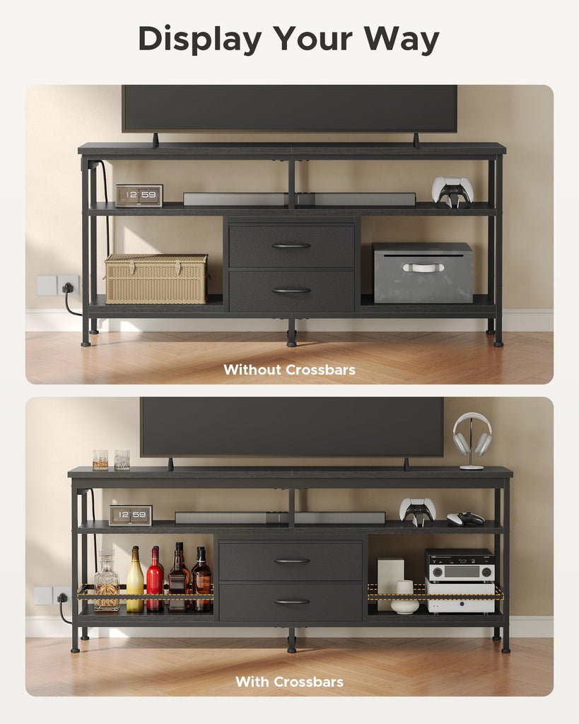 63in TV Stand for 55-75in TVs, LED Lights, Charging Station, Black