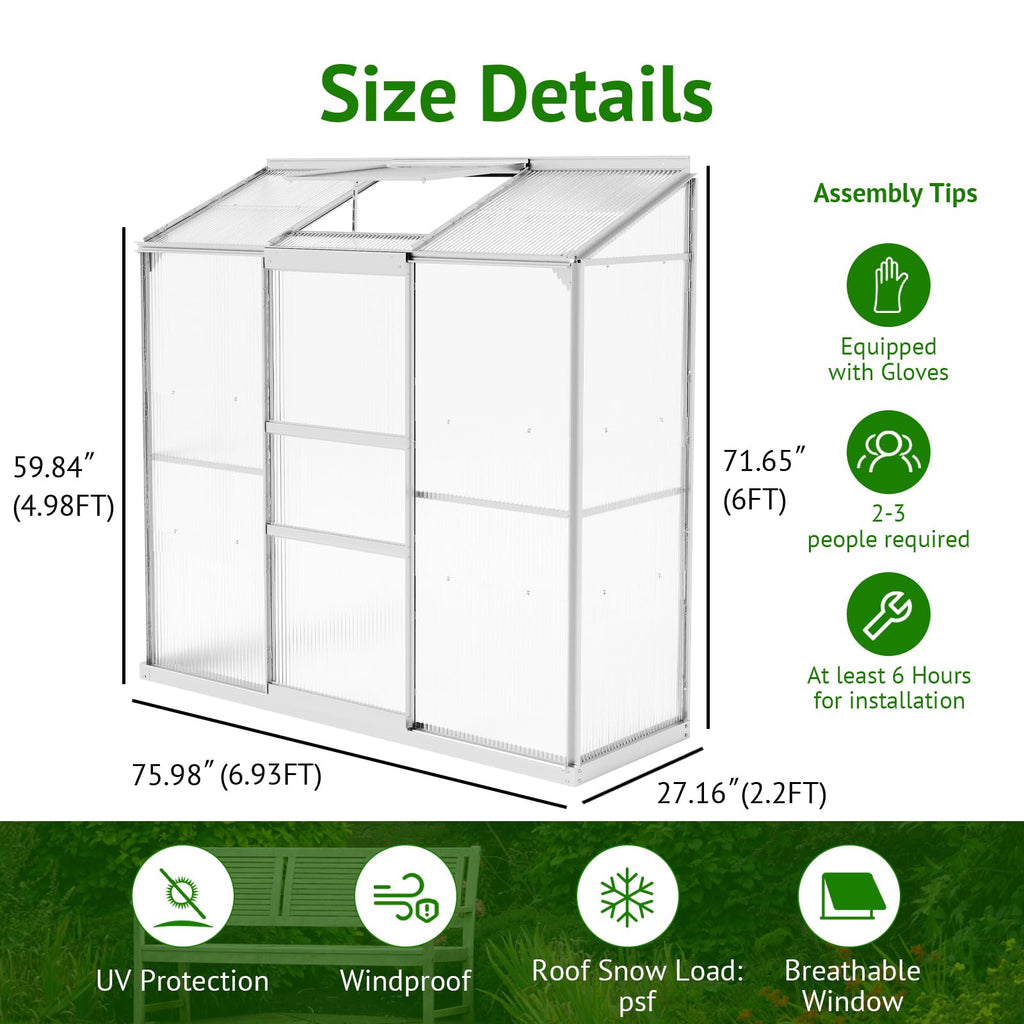 Lean-to Polycarbonate Greenhouse 6x2 FT, Sliver, Outdoor Garden