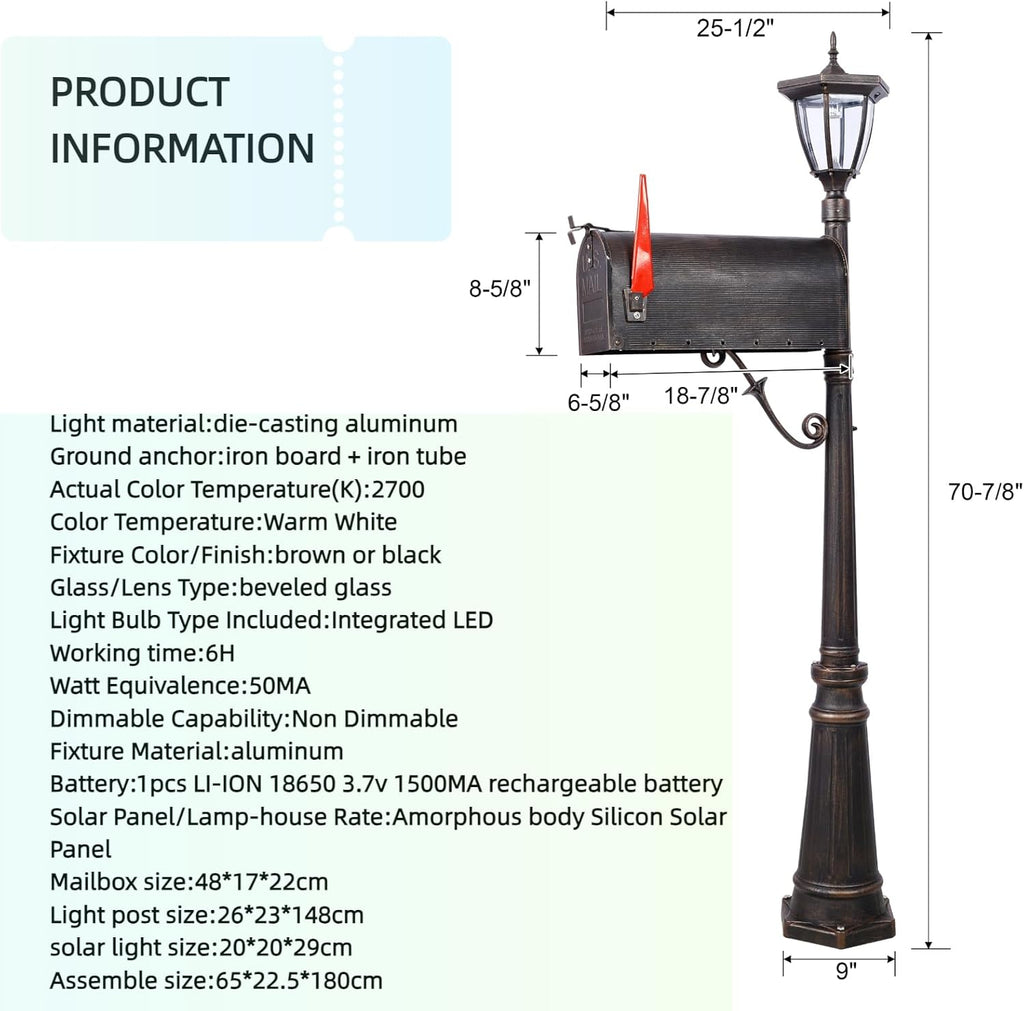Mailbox with Post Lights,Mailbox/Post Light Combo Duty Cast Aluminum Post Mount Mailboxes Decorative(2in1)