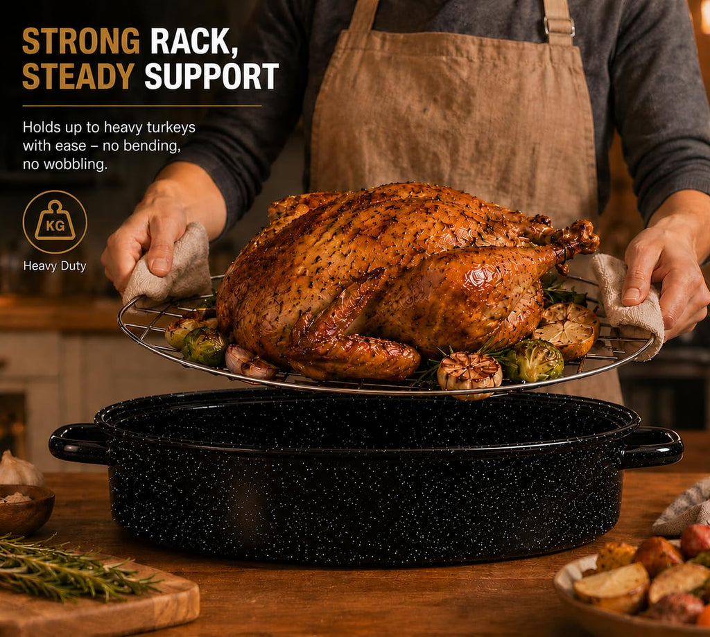 13 Inch Enamel Roasting Pan with Lid & Rack, Oven & Dishwasher Safe Turkey Roaster, 932°F Heat Resistant, Includes