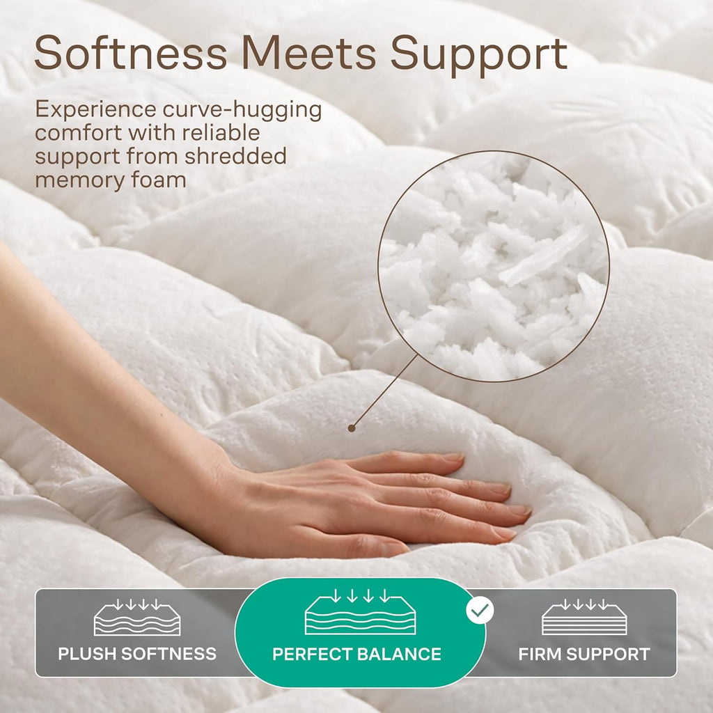 Ultra-Thick Shredded Memory Foam Queen Size Mattress Topper - Breathable & Balanced Pad for Back Pain Relief with